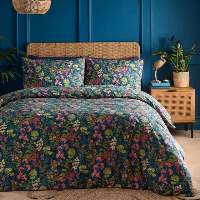 Charlotte Thomas Jasmina Floral Duvet Cover and Pillowcase Set in Teal Blue Cotton Blend