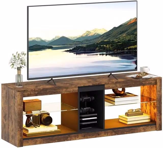 NESTLUNE Modern Brown TV Stand and Entertainment Centre with LED Lights, W: 100 cm, D: 15 cm