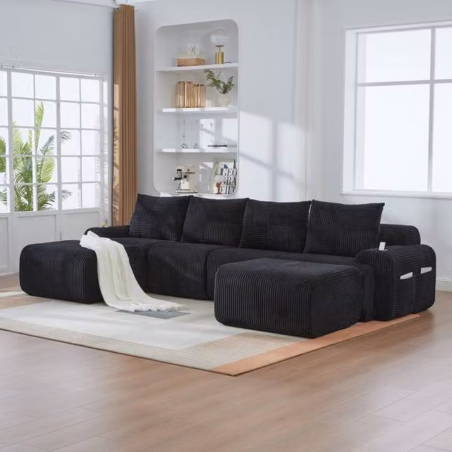 BTM 4 Seater Modular Cord Fabric L-Shape Reclining Sofa with 2 Ottomans and Cup Holders in Black – 1