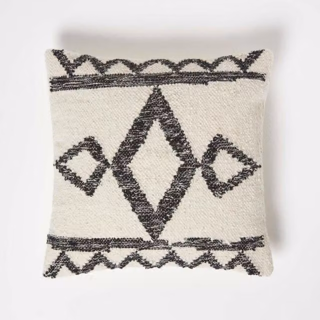 Homescapes Koba Handwoven Ethnic Square Cushion in Black, Cream, Yellow and White