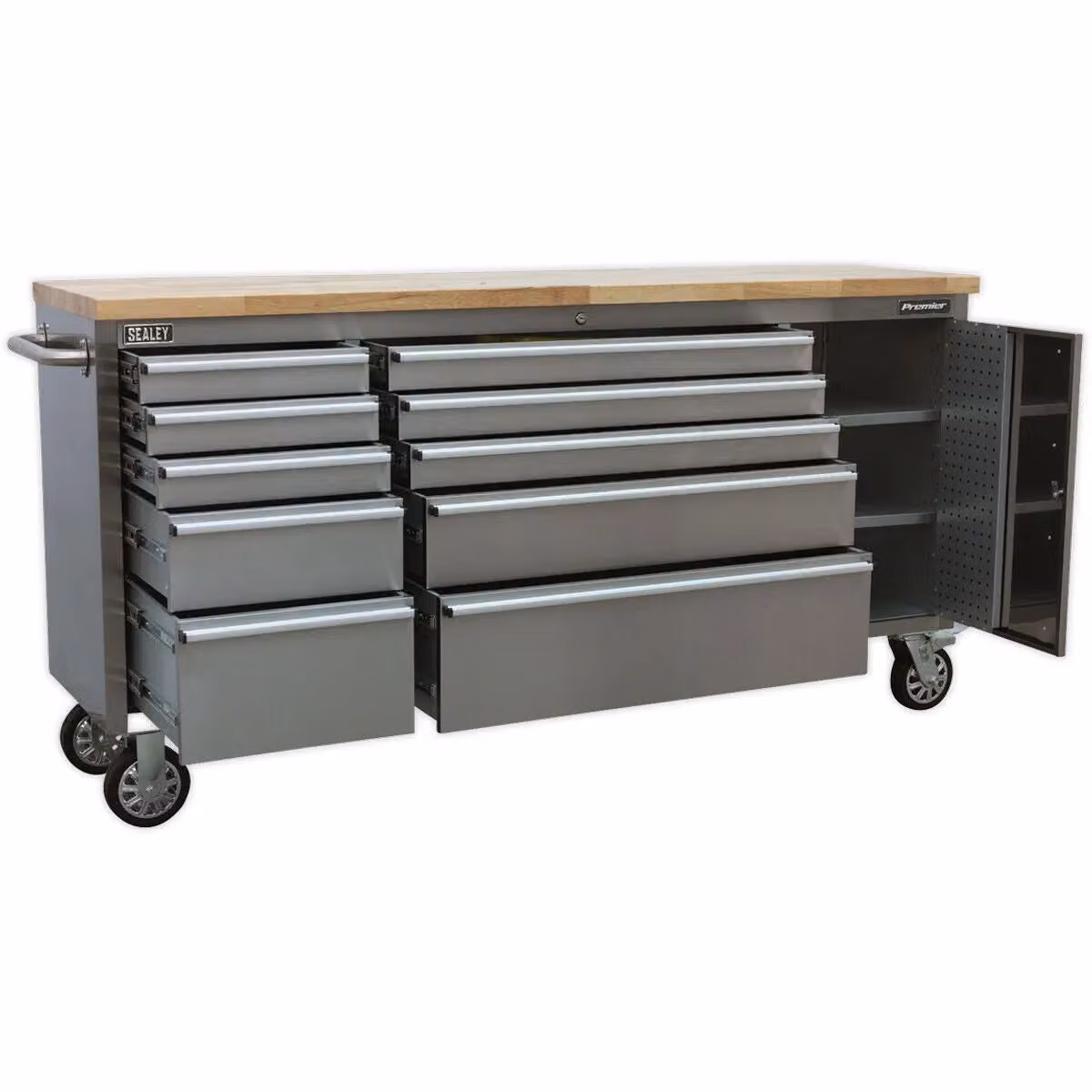 Loops Mobile Stainless Steel Tool Cabinet in Silver with 10 Drawers and Cupboard, W/D/H: 199 x 49 x 95 cm – 2