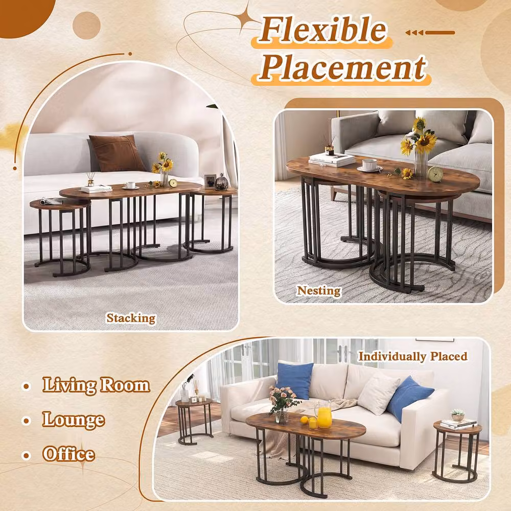 Costway 3-Piece Nesting Coffee Table Set in Brown with Oval Wood and Metal Tops – 6