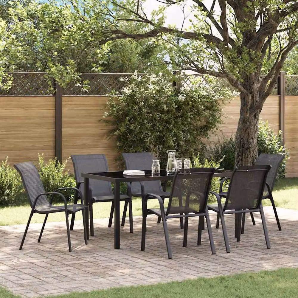 Berkfield Home Set of 6 Stackable Garden Chairs in Black Textilene Fabric and Steel, H 89 x W 55 x D 65 cm – 2