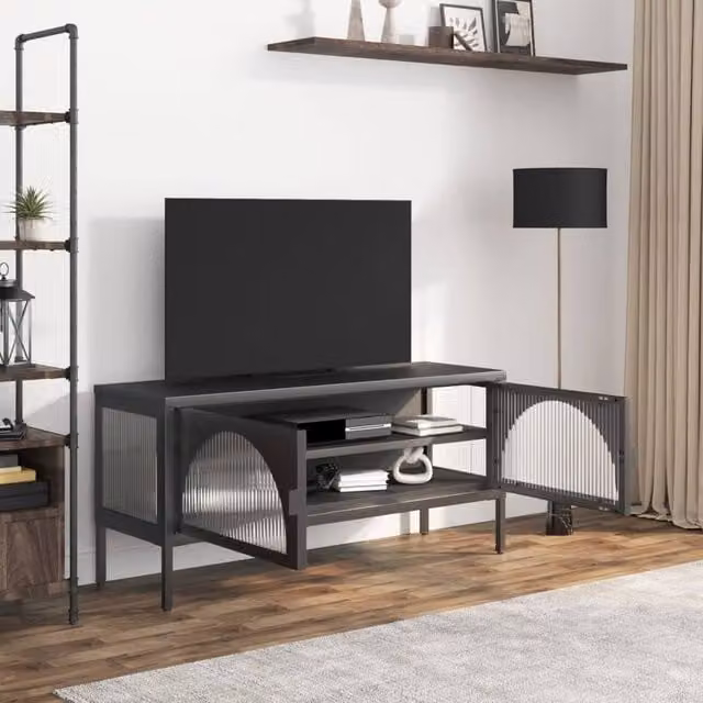 Berkfield Home Industrial TV Cabinet in Black with Glass and Steel, W/D/H: 105 x 35 x 50 cm – 1