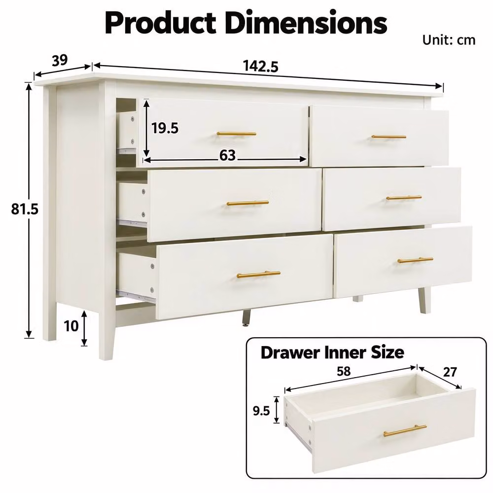 Merax Modern 6 Drawer Chest of Drawers Wide Bedroom Storage Cabinet in Cream – 2