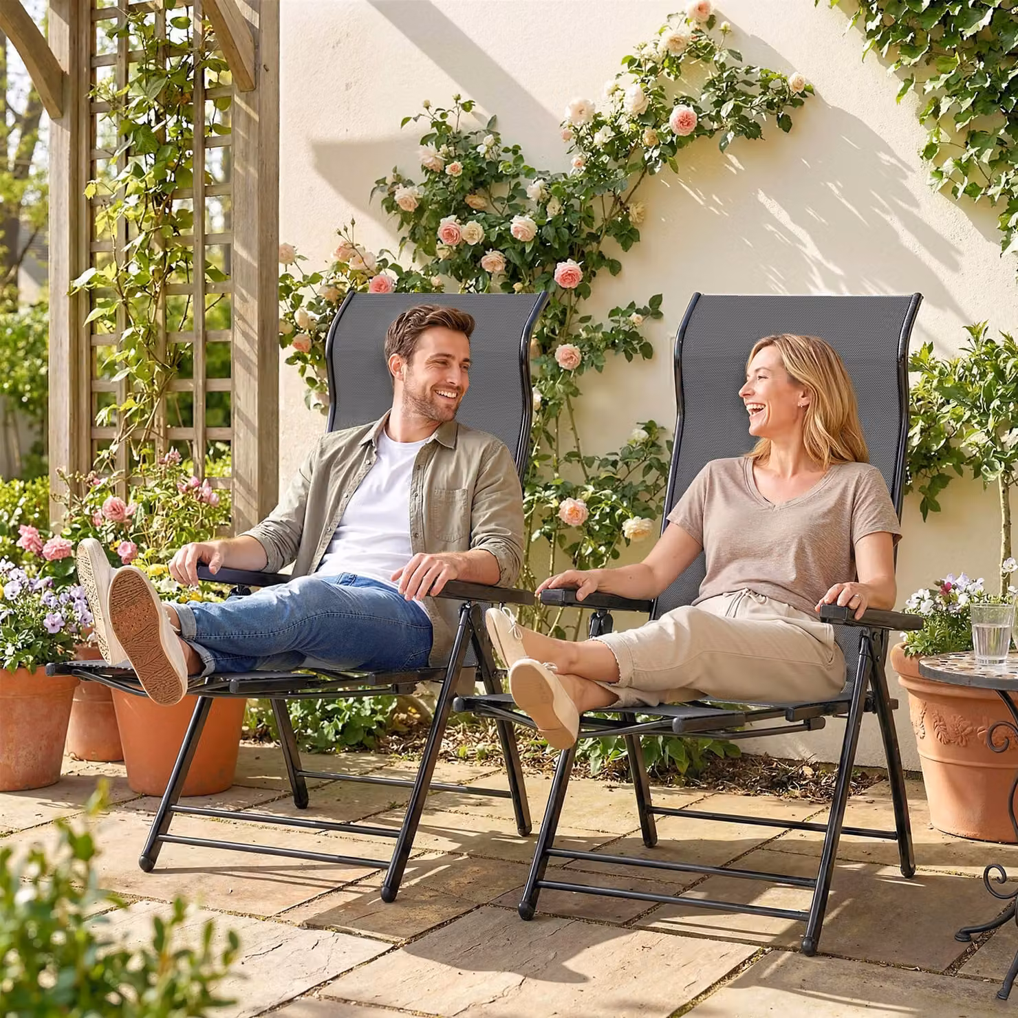 Outsunny Set of 2 Reclining Garden Chairs in Dark Grey with 5-Position Folding Sun Loungers, High Back, Retractable Footrest and Armrests – 7