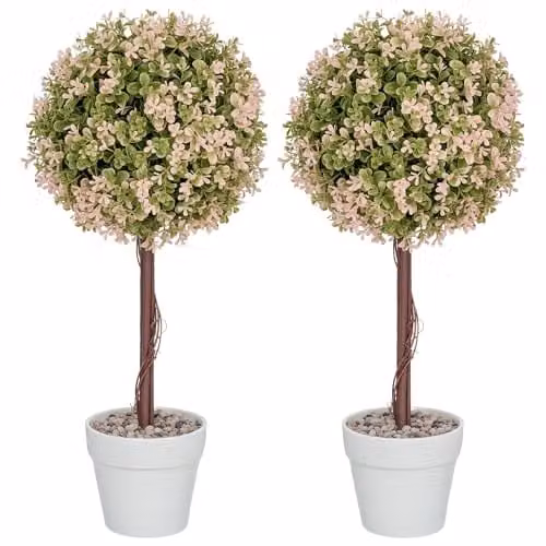 HOMCOM Set of 2 Decorative Potted Artificial Green Plants in White Round Concrete Pots, Height: 60 cm, Width: 30 cm, Depth: 30 cm – 1