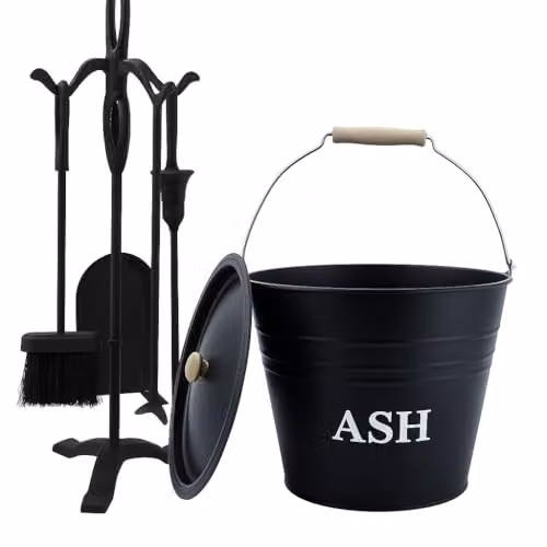 Almineez 5 Piece Fireside Companion Tool Set with 12L Ash Bucket and Stand in Black – 1