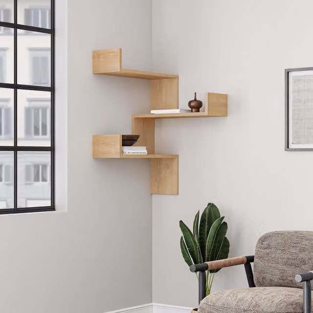 Decortie Luksa Wall Shelf Corner Bookcase with Zigzag Design in Natural Wood, W/D/H: 60 x 9 x 90 cm – 1