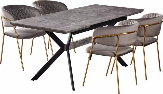 Life Interiors Atarah Blaze LUX Modern Mid-Century Dining Set with Extendable Rectangular Table and 4 Grey and Gold Chairs