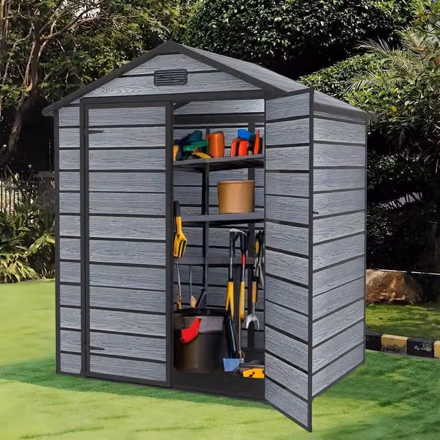 BIRCHTREE Grey Plastic Garden Storage Shed with Wood Grain Effect and Window W/D/H: 182 x 134 x 210 cm