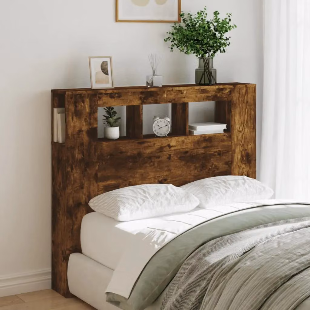 Berkfield Home Modern LED Headboard in Smoked Oak with Integrated Shelf and USB Charging Port, Brown, W/D/H: 120 x 18.5 x 103.5 cm – 3