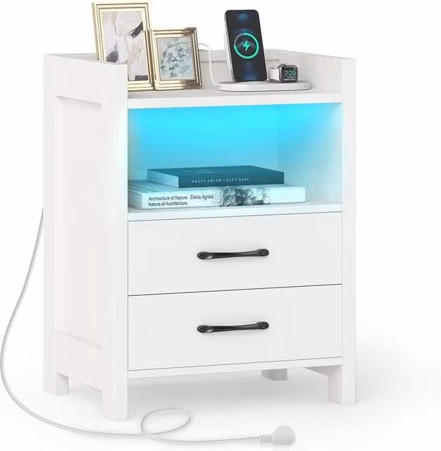 Gymax Modern White Nightstand with Integrated LED Lighting and Power Outlets – 1