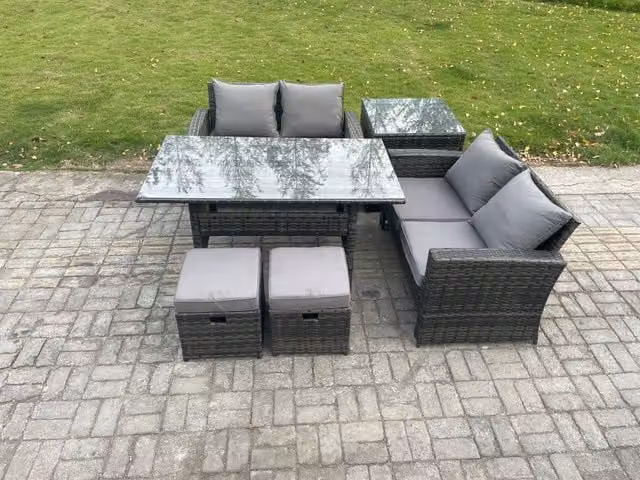 Fimous PE Wicker Rattan Garden Furniture Set with Love Sofa, Rectangular Dining Table and 2 Footstools in Dark Grey Mixed
