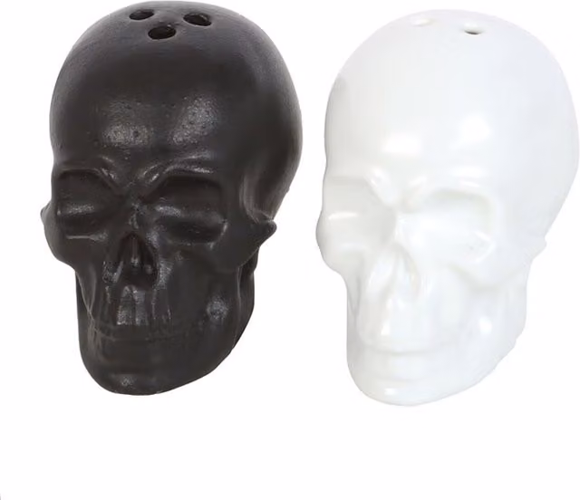 KDMK Creepy Skull Salt and Pepper Shaker Set in Black and White Ceramic