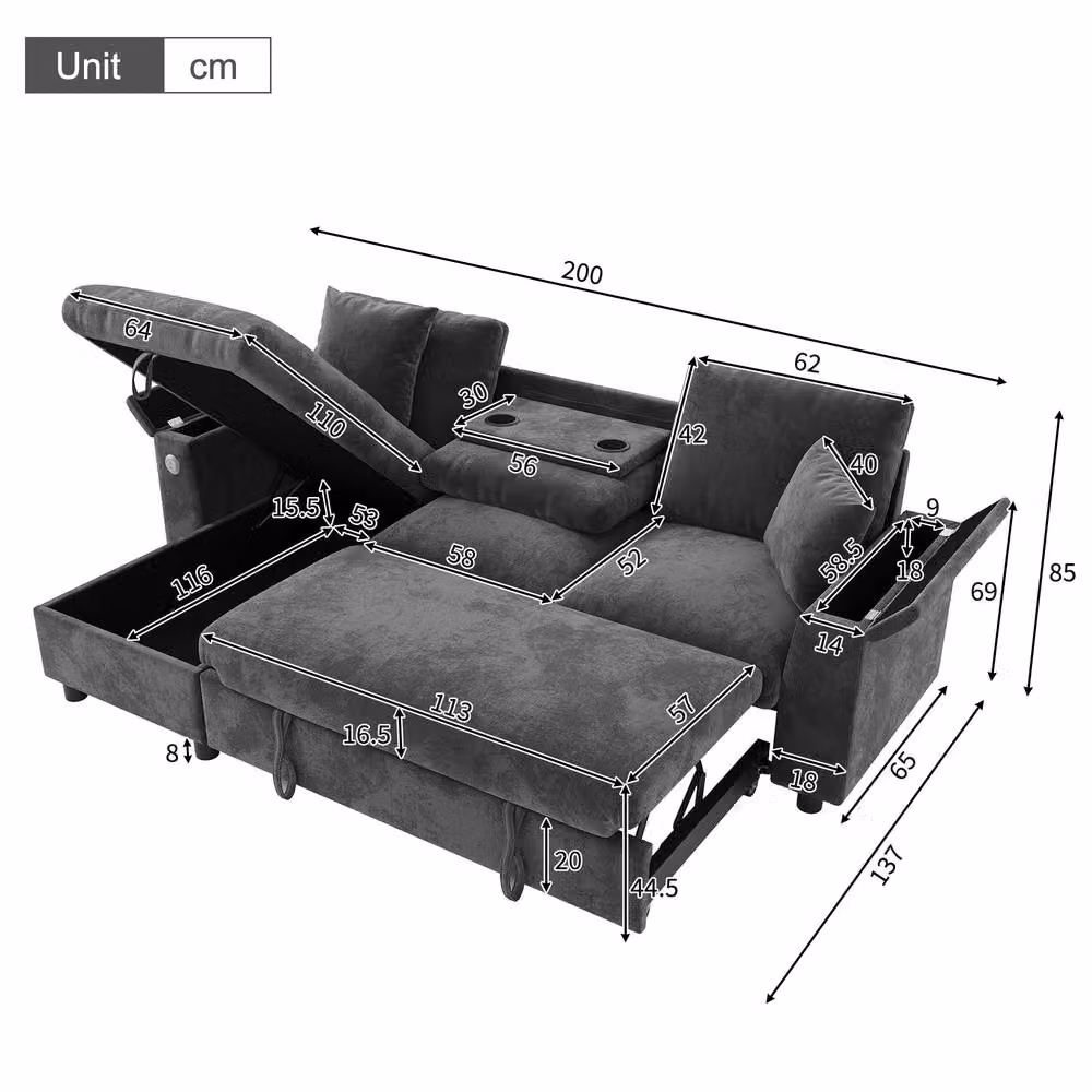 Merax Reversible L-Shape Corner Sofa Bed in Grey with Storage, USB Charging and Cup Holder – 2