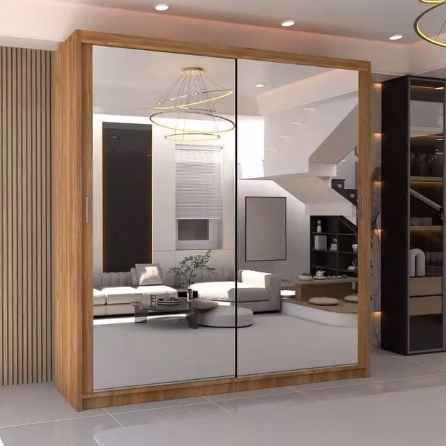 MN Furniture Modern Double Mirror Sliding Door Wardrobe in Brown, W: 150 cm, H: 217 cm
