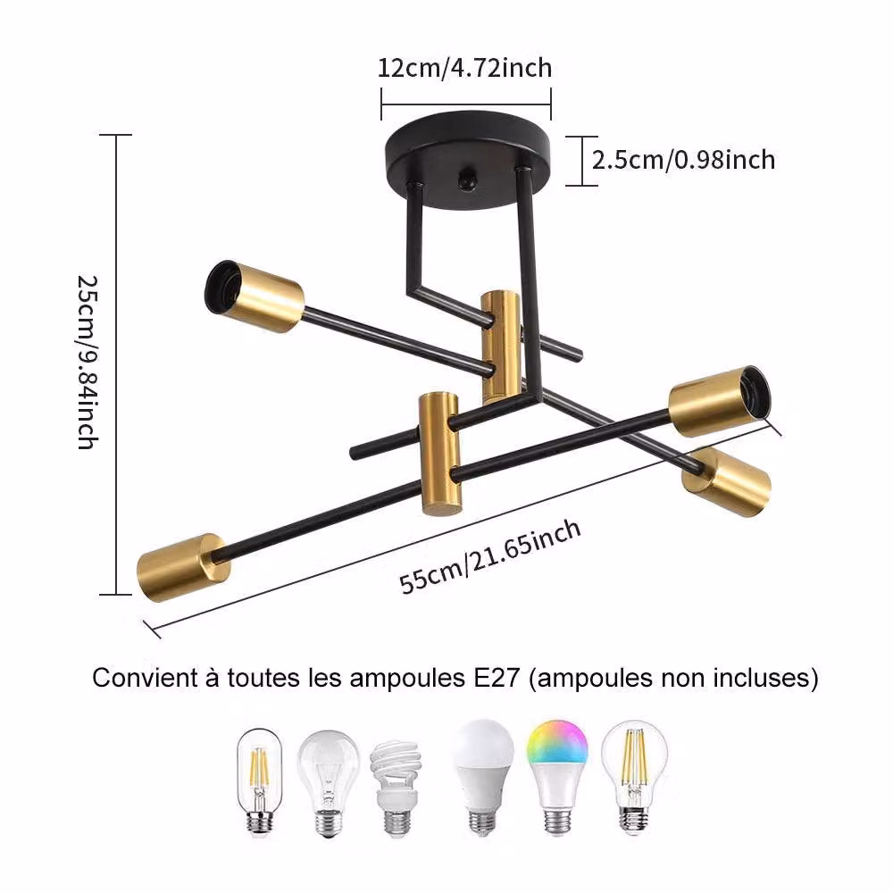 Pheashine Modern 4-Light Ceiling Light in Gold and Black with E27 Bulbs Included – 2