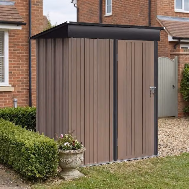 Breeins Metal Pent Garden Storage Shed with Lockable Door in Brown