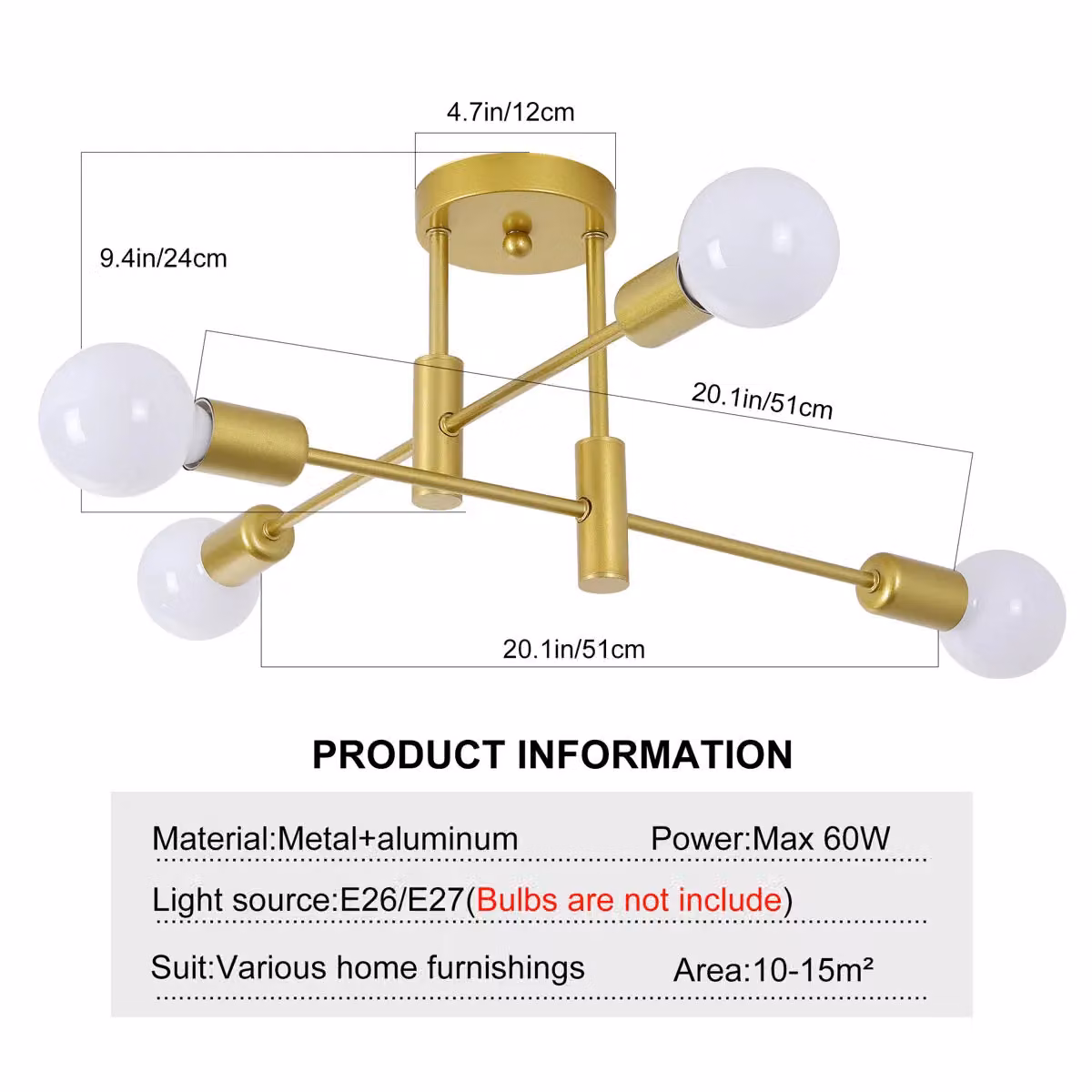 Garwarm Sputnik Chandelier, Gold/Brass Adjustable 4-Light Metal Ceiling Light – 3