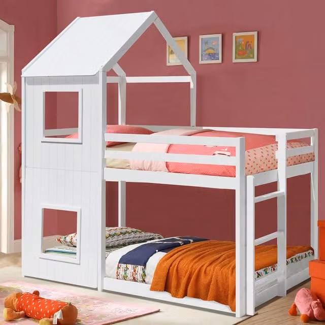 Comfy Living House Style Wooden Bunk Bed for Children in White