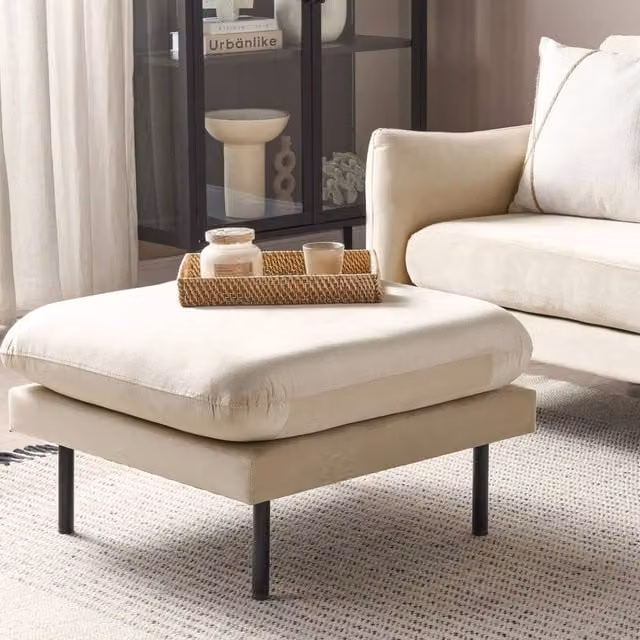 Wyld Haus Modern Velvet Cube Ottoman in Beige with Metal Legs – 1