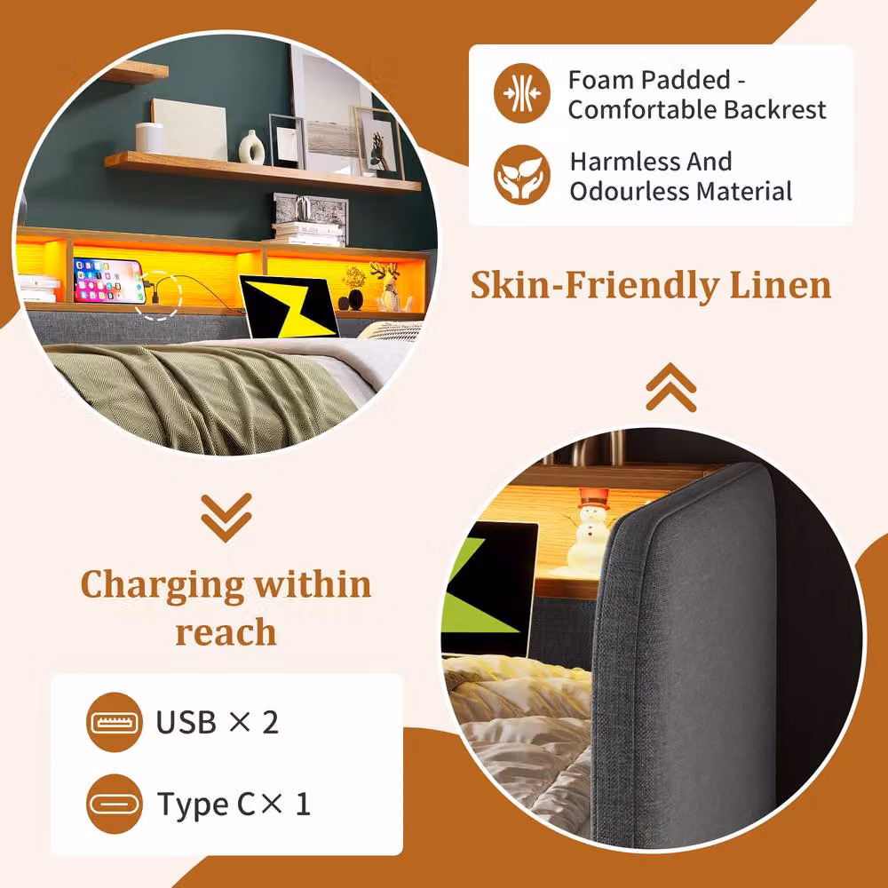 BTM Grey Linen Single Daybed with Storage Drawers, LED Headboard and USB Charging Port, W/D/H: 90 x 190 x 36.6 cm – 5