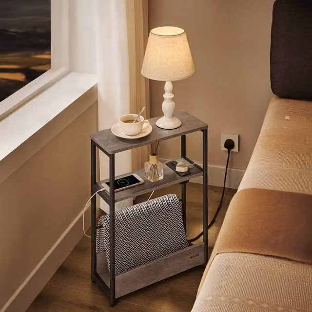 VASAGLE Slim Side Table with Charging Station, Brown and Black, W/D/H: 45 x 18 x 58 cm