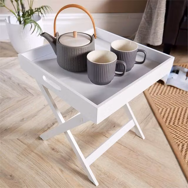 NESTLUNE White Folding Butler Side Table with Rectangular Wood Top