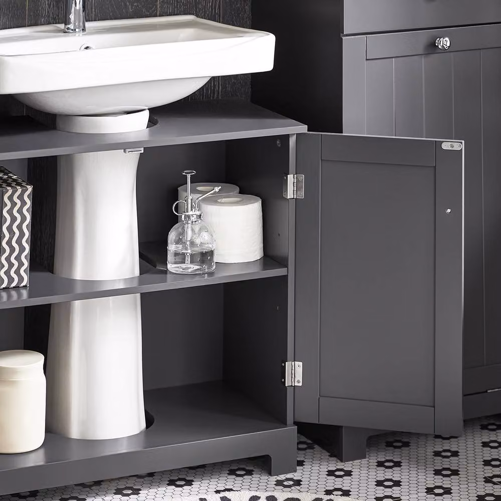 SoBuy Under Sink Bathroom Cabinet with Hinged Doors and Internal Shelves, Dark Grey, H: 60 cm – 4