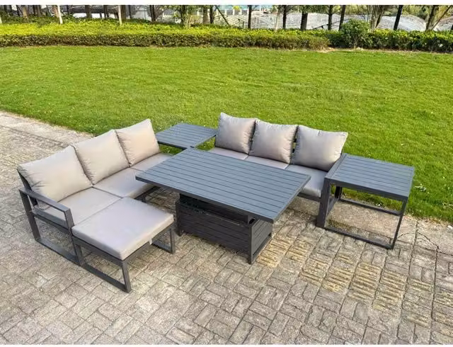 Fimous 6-Piece Powder Coated Aluminium Garden Sofa Set with Lifting Table, 2 Side Tables and Large Stool in Dark Grey