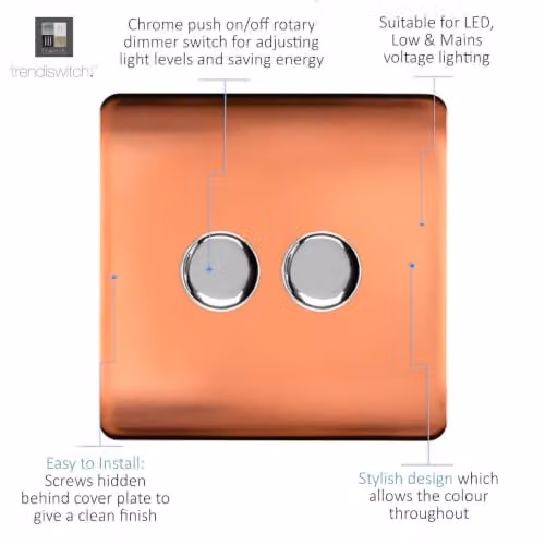 Trendi Modern Glossy Tactile 2 Gang 2 Way 120w LED Dimmer Switch in Copper – 2
