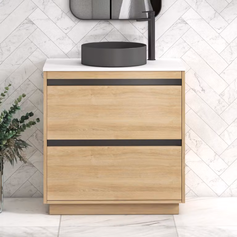 Royal Bathrooms Orion 800mm Natural Oak Floor Standing 2 Drawer Vanity Unit with White Countertop and Art Round Basin