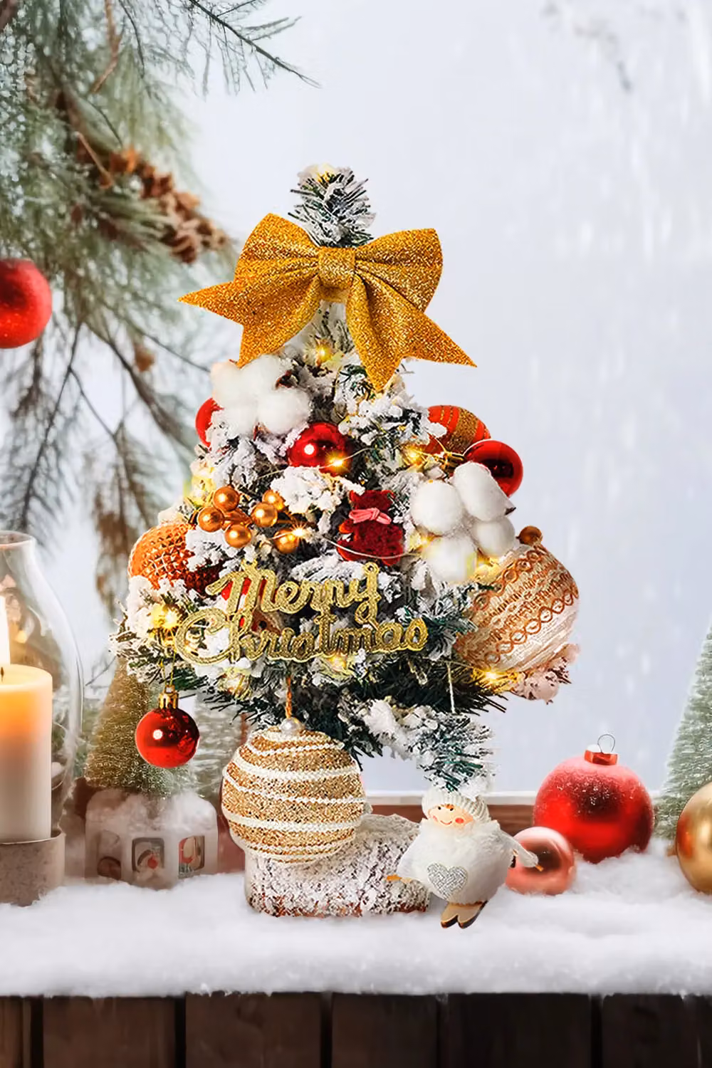 Living and Home Orange Rustic Mini Tabletop Christmas Tree with Multicolour LED Lights, Height: 45 cm – 2