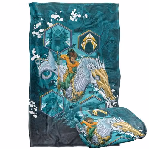 Warner Bros. Aquaman and the Lost Kingdom Seahorse Splash Super Soft Fleece Throw Blanket, Blue/Multicolour, W/D/H: 91 x 147 cm