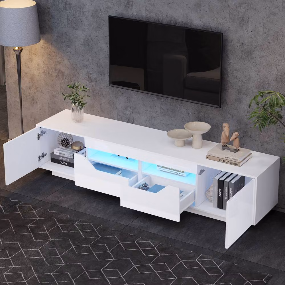 Merax Modern White High Gloss LED TV Stand with 2 Drawers and 2 Doors, W/D/H: 120 x 40 x 45 cm – 3