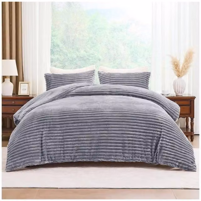 Home Luxe Interior Grey Plush Faux Fur Chunky Ribbed Duvet Cover Set, W: 90 cm x L: 200 cm