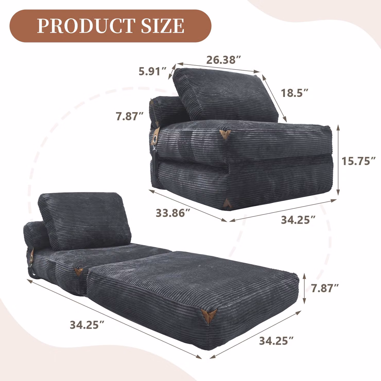 Aosom UK 3-in-1 Convertible Corduroy Floor Sofa Bed with Side Pockets, Grey, W/D/H: 86 x 87 x 40 cm – 3