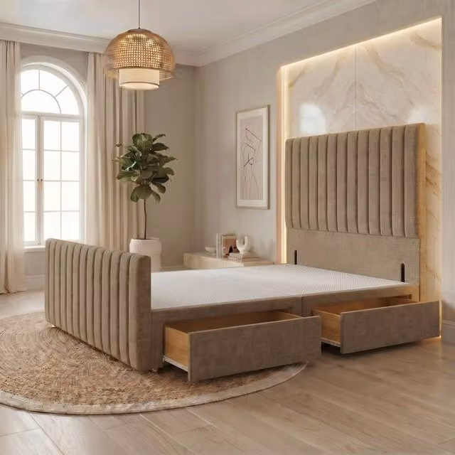 Somnior Eleanor Linen Divan Base with 2 Drawers, 54 inch Headboard and 22 inch Footboard, Brown, W/D/H: 90 x 190 x 55.88 cm