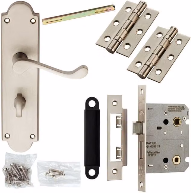 Loops Victorian Scroll Ornate Backplate Door Handle and Bathroom Lock Pack in Satin Chrome – 1