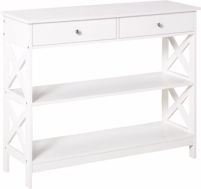 HOMCOM Modern White Console Table with Shelves, Drawers and X-Frame Support for Living Room, Hallway or Home Office