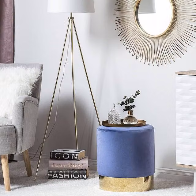 Wyld and Coco Blue Velvet Round Cylindrical Pouffe with Gold Trim – 1