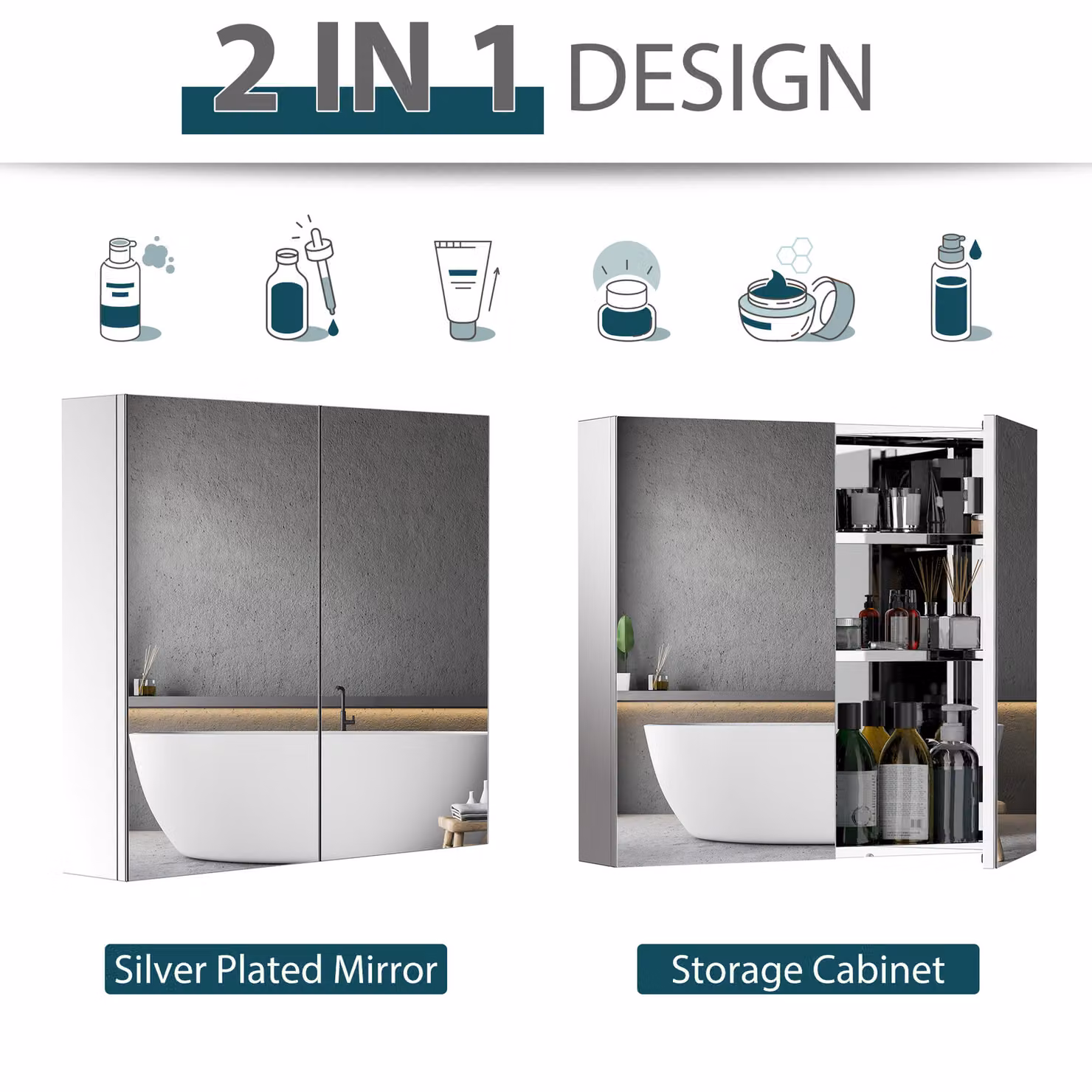HOMCOM Wall-Mounted Modern Bathroom Cabinet with Silver Glossy Glass Doors and Mirror Storage – 4