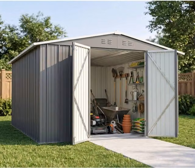 BIRCHTREE Anthracite Metal Garden Shed with Double Doors and Foundation