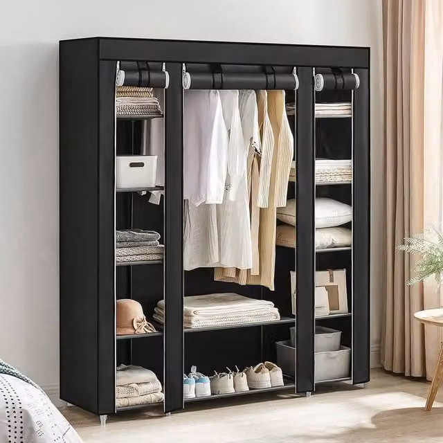 SONGMICS Portable Fabric Wardrobe with Hinged Doors, Black, H 175 x W 45 x D 45 cm