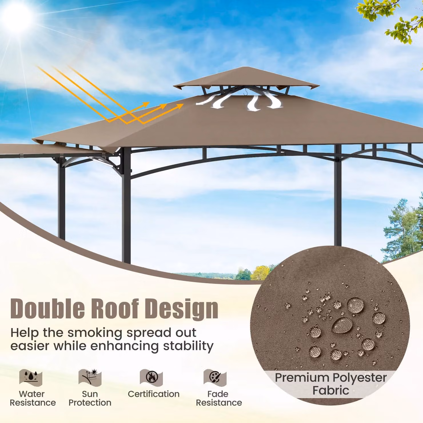 Costway Grill Gazebo Outdoor Barbecue Canopy Tent with Side Awning, Brown, W: 318 cm, D: 153 cm, H: 242 cm – 6