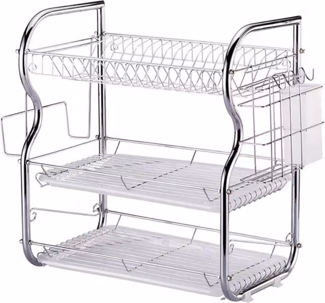 NESTLUNE 3 Tier Stainless Steel Bowl and Dish Drainer Rack with Cutlery Holder in Silver