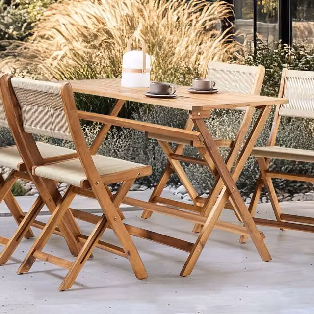 Wyld and Coco Beige Acacia Wood Garden Dining Set with Foldable Table and 4 Chairs