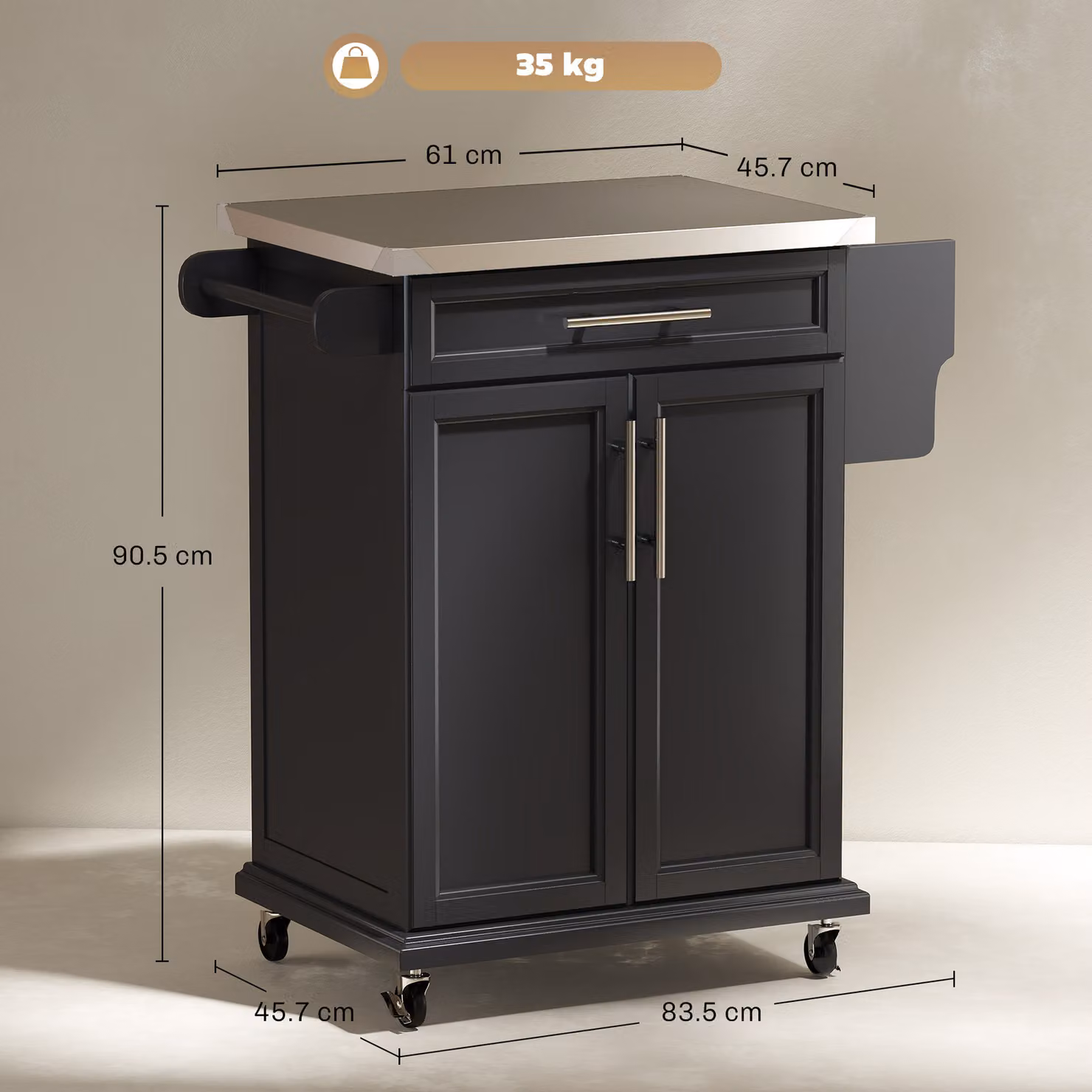 HOMCOM Modern Black Kitchen Island Cart with MDF and Metal Construction – 3