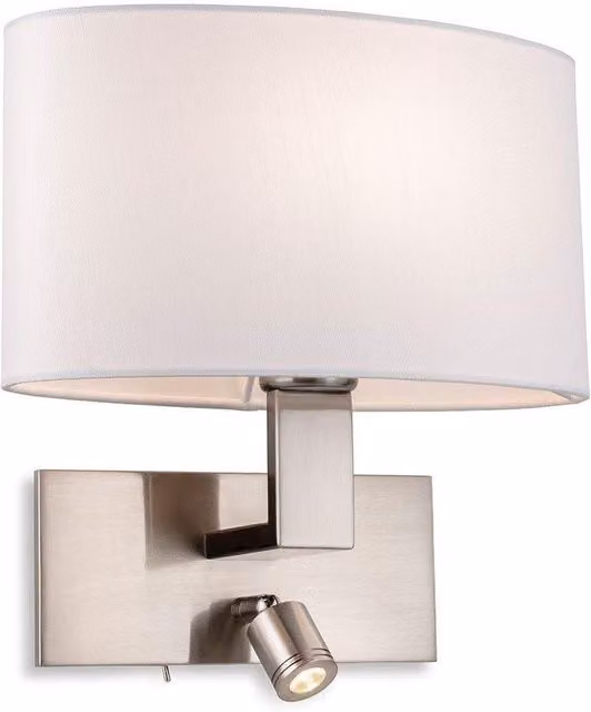 Netlighting Webster Adjustable 1 Light Indoor Wall Light with Reading Lamp in Brushed Silver and Beige Fabric Shade, E27